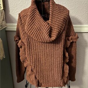 Express Women’s Chunky Brown Cowl Neck Sweater With Ruffles Small